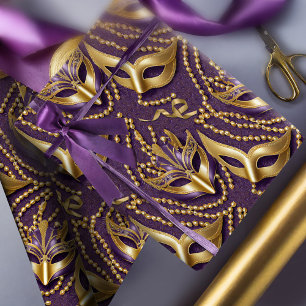 Papel De Presente Mascarada Pattern Miçanga Mask Purple Dourado ID10