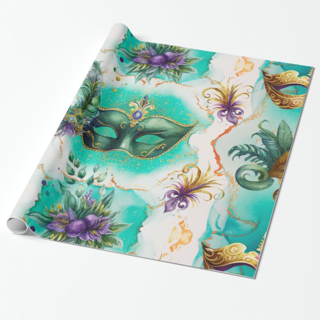 Papel De Presente Máscaras Mardi Gras Divertidas (Desenrolado)