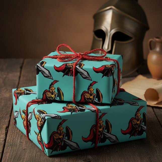 Papel De Presente Mascote Guerreiro Espartano Vermelho e Dourado Ous (Criador carregado)