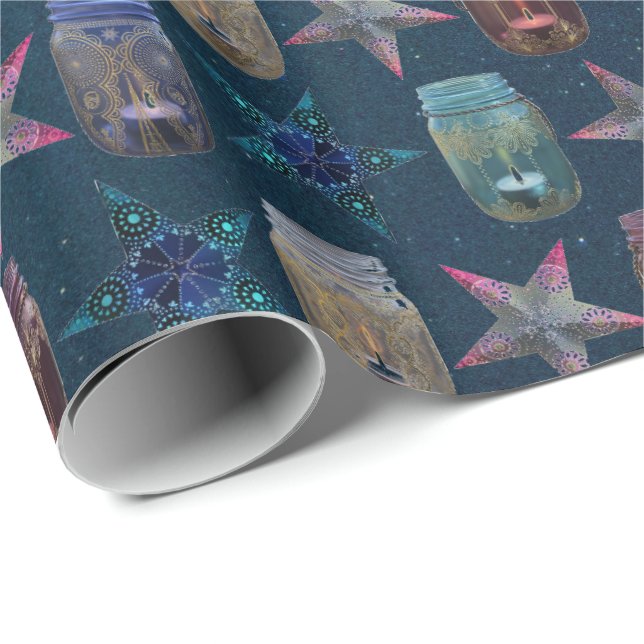 Papel De Presente Mason Jars e Bohemian Stars Pattern (Ponta do rolo)