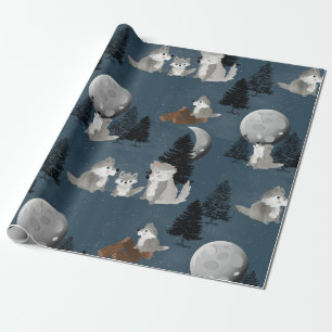 Papel De Presente Matilha de Lobo Fofo Céu Noturno da Floresta Lua
