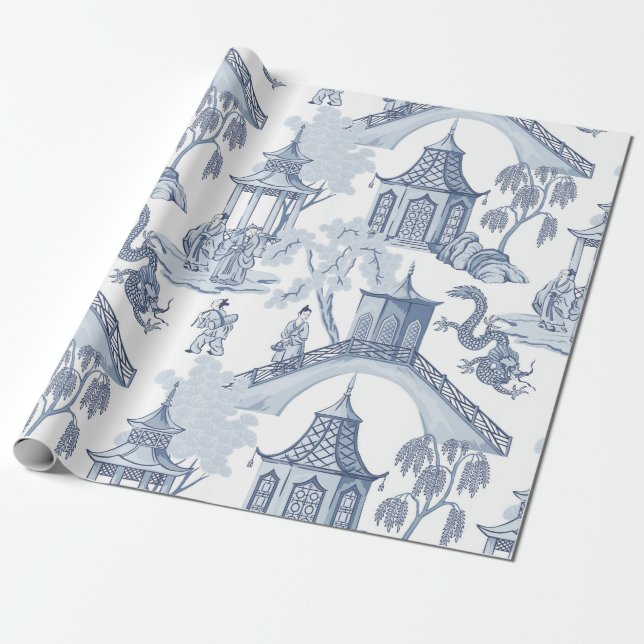 Papel De Presente Matizes de Pagoda Chinoiserie Azul (Desenrolado)