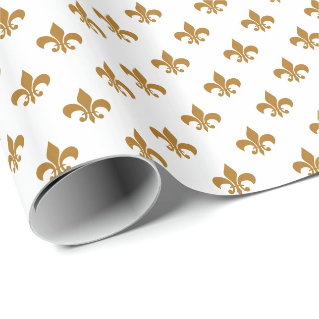 Papel De Presente Matte Dourado Fleur-de-lis em Branco (Ponta do rolo)