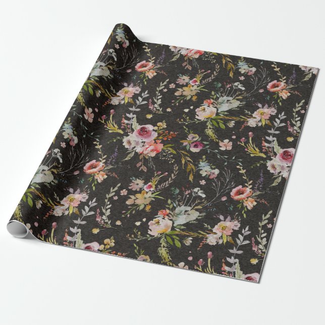 Papel De Presente Meadow Floral - Traço de presente preto (Desenrolado)