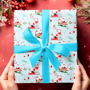 Papel De Presente Médico Natal com Papai Noel Azul Claro