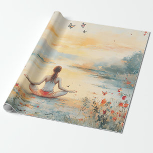 Papel De Presente Meditação do Prado do Pôr do Sol com Borboletas (6