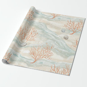 Papel De Presente Mediterrâneo Coral Azul Laranja Bege Arenoso