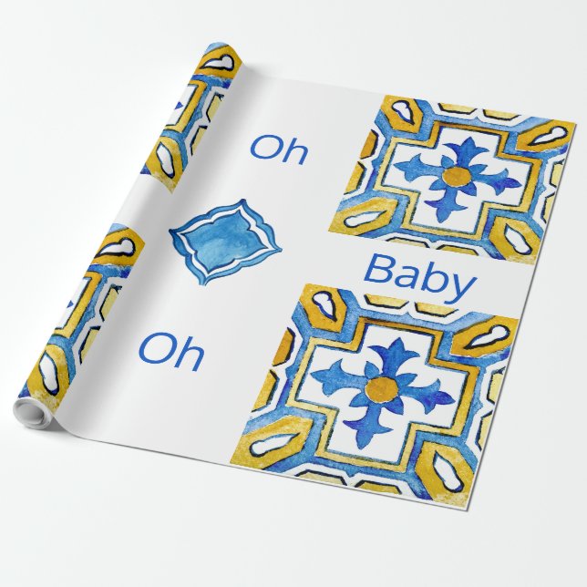 Papel De Presente Mediterrâneo Oh Bebê Azul e Chá Amarelo (Desenrolado)