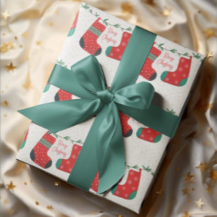 Papel De Presente Meia de Natal de Pinheiro Verde Branco Vermelho Do