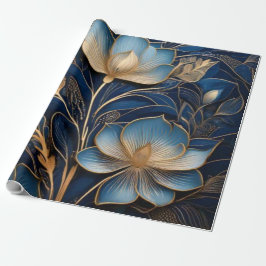 Papel De Presente Meia-Noite Azul e Dourado Filigrana Floral Luxo