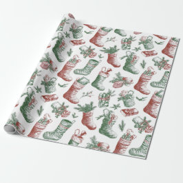 Papel De Presente Meias de Natal Vermelhas e Verdes Vintage Nostálgi