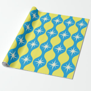 Papel De Presente Meio século Retro Starbursts em Ogee Amarelo Azul