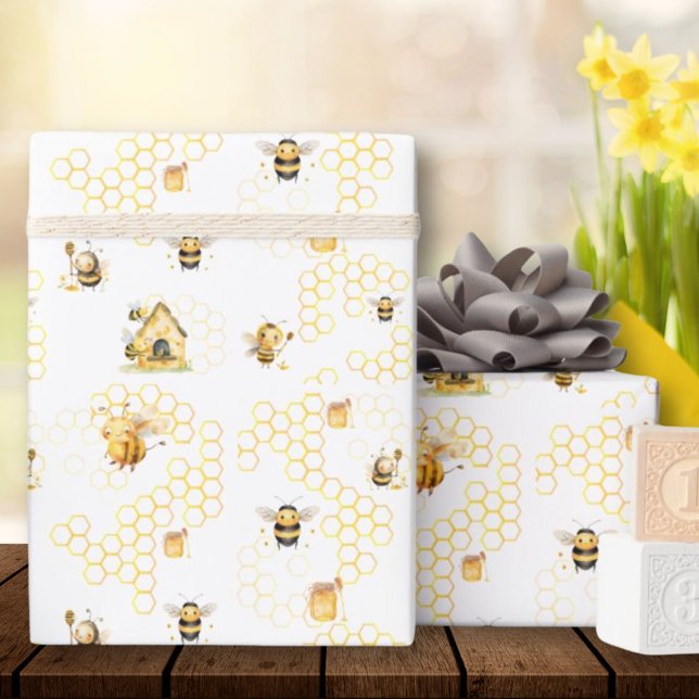 Papel De Presente Mel Bebida Sexo Chá de fraldas Neutro (Honey Bee Gender Neutral Baby Shower Wrapping Paper)