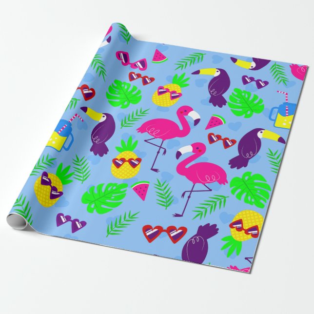 Papel De Presente melancia de abacaxi tropical flamingo toucan (Desenrolado)
