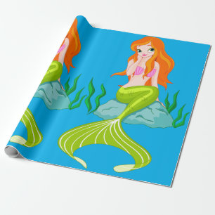 Papel De Presente Menina bonito e encantador da sereia em uma rocha