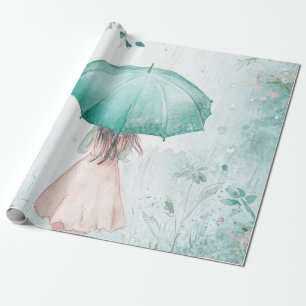 Papel De Presente Menina com Guarda-Chuva Verde-Jade Jardim Chuvoso