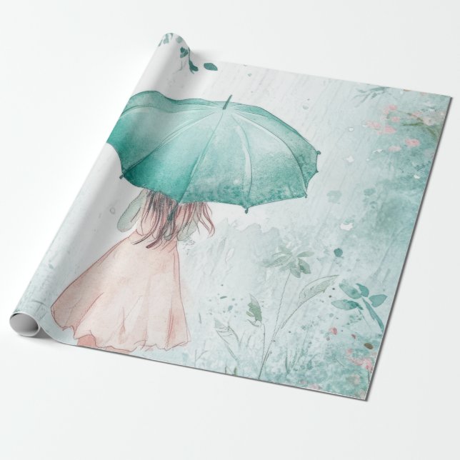 Papel De Presente Menina com Guarda-Chuva Verde-Jade Jardim Chuvoso (Desenrolado)
