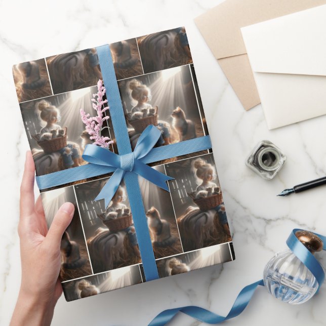 Papel De Presente Menina Com Uma Cesta De Gatinhos (Presentear)