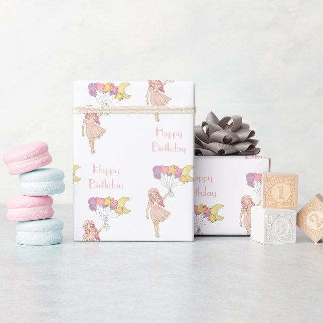 Papel De Presente Menina Coração Roxo Estrelas Lua Balões Aniversári (Chá de bebê)