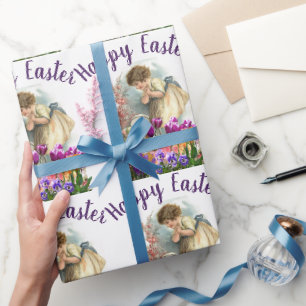 Papel De Presente Menina da Páscoa Vintage com Flores de Tulipa