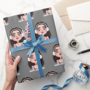 Papel De Presente Menina de aniversário de desenho animado com fones