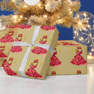 Papel De Presente Menina de árvore de Natal cor-de-rosa dourada retr