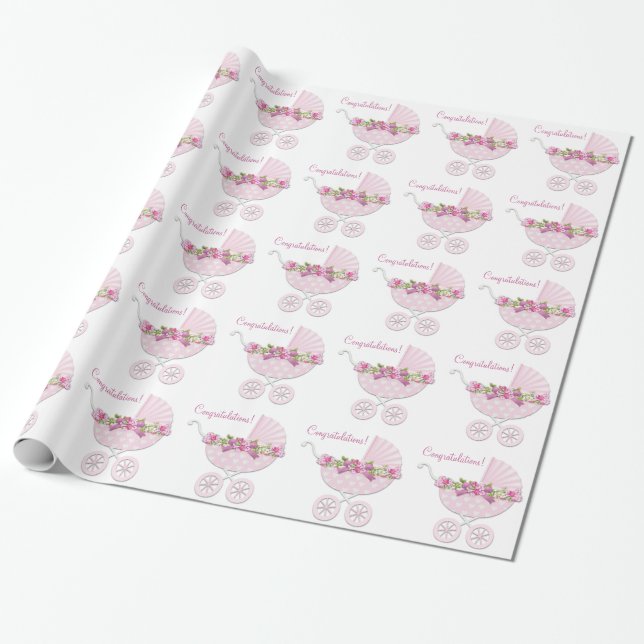 Papel De Presente Menina de Bebe de Carruagem Rosa (Desenrolado)