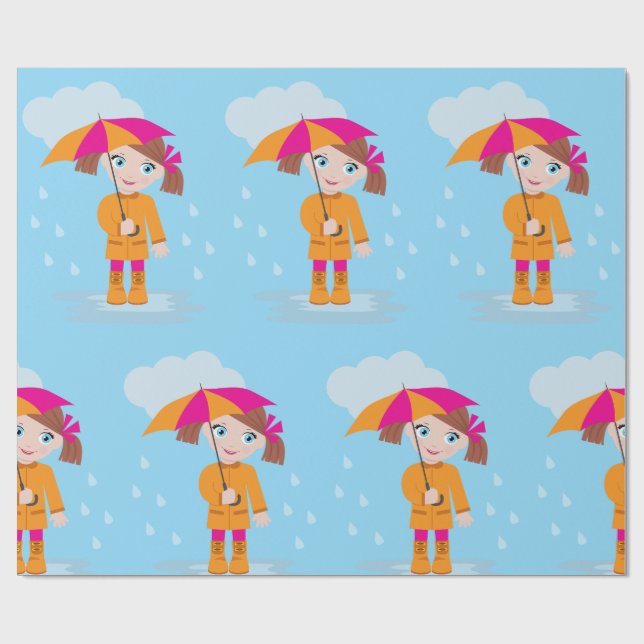 Papel De Presente Menina de Casaco Laranja com Guarda-Chuva Rosa (Aberto)