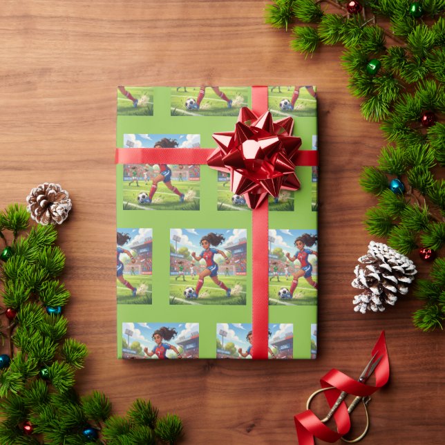 Papel De Presente Menina de Desenho Animado Fofo Jogando Futebol (Presente de Natal)