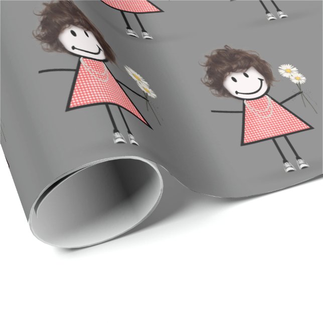 Papel De Presente Menina de palito em tênis sobre cinza (Ponta do rolo)
