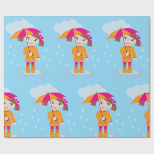 Papel De Presente Menina em Casaco Laranja de Chuva com Guarda-Chuva