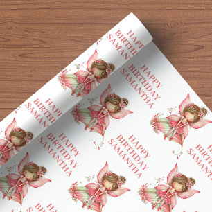 Papel De Presente Menina Fada de Rosto Corado Fantasia Floral Aniver