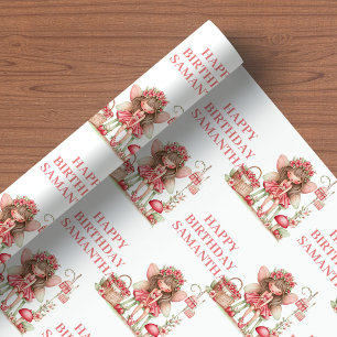 Papel De Presente Menina Fada Doce Rubor Floral Aniversário Embrulho