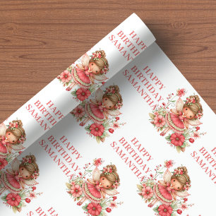 Papel De Presente Menina Fada Encantadora Rubor Floral Aniversário E
