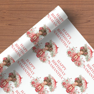Papel De Presente Menina Fada Fofa Aniversário de 2 anos Floral Rosa