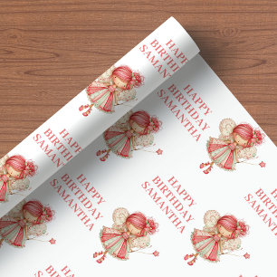 Papel De Presente Menina Fada Fofa Rubor Floral Aniversário Embrulho