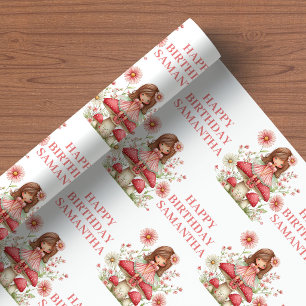 Papel De Presente Menina Fada Rosa Envoltório de Aniversário Floral 