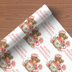 Papel De Presente Menina Fada Rosa Envoltório de Aniversário Floral 