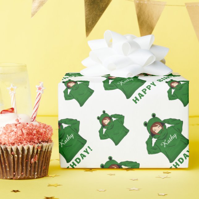 Papel De Presente Menina Fofa com Desenho de Capuz de Sapo Verde de  (Festa de aniversário)