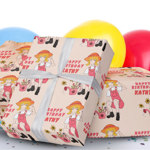 Papel De Presente Menina Jardineira com Girassóis Feliz Aniversário 