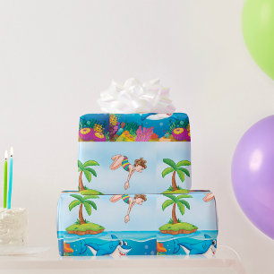 Papel De Presente Menina Mergulhando no Recife de Coral de Tubarão A