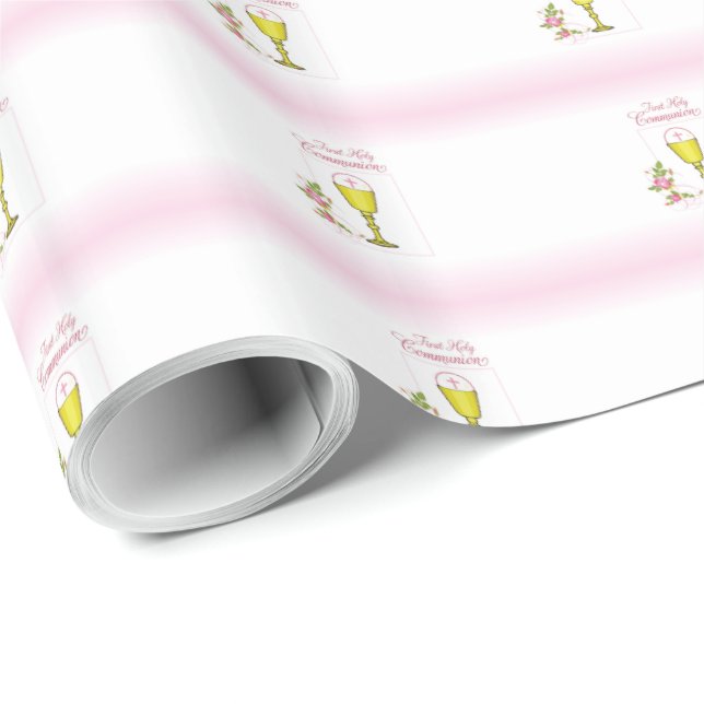 Papel De Presente Menina Rosa Primeira Comunhão, Cálice, Hóstia, Ros (Ponta do rolo)