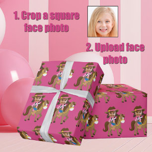 Papel De Presente Menina Vaqueira Rosto Foto Rosa Personalizado Fofo