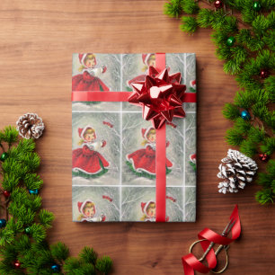 Papel De Presente Menina Vintage de Natal Vestindo Roupa Vermelha de