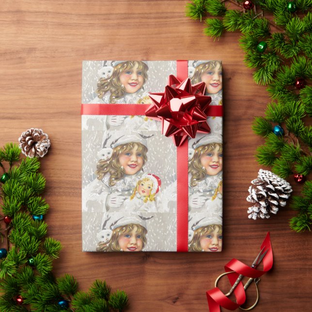 Papel De Presente Menina Vitoriana de Natal Antiga com Boneca na Nev (Presente de Natal)