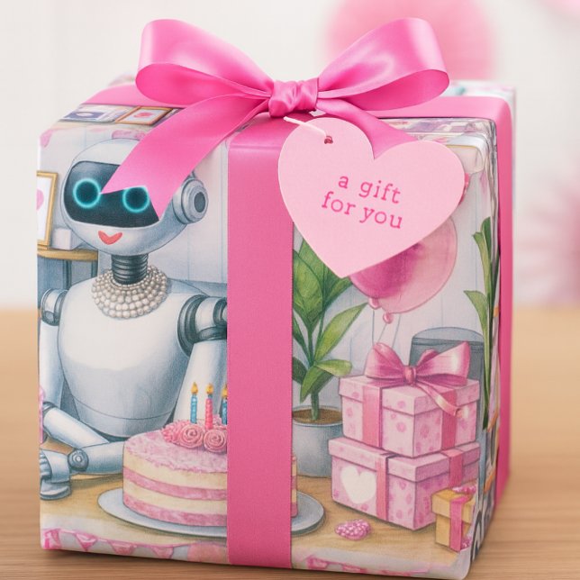Papel De Presente Meninas com Habilidades Técnicas Robô Aniversário  (Wrapped in whimsy, this robot-themed birthday gift brings futuristic charm to your celebration.)