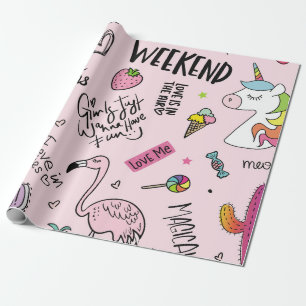 Papel De Presente Meninas divertem conceito com unicórnio, flamingo,