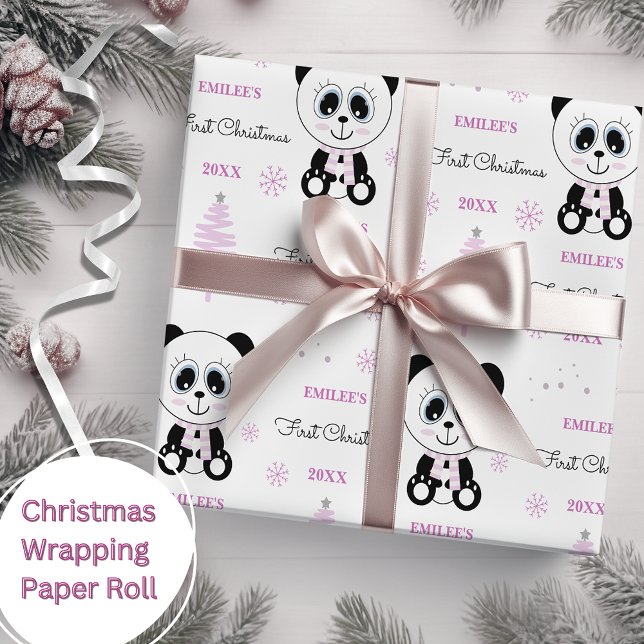 Papel De Presente Meninas do Primeiro Natal Panda Bear Rosa (Criador carregado)