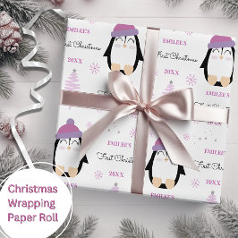 Papel De Presente Meninas do Primeiro Natal Pinguim de inverno Rosa