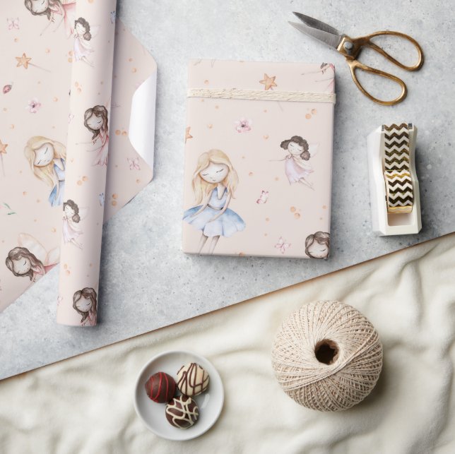 Papel De Presente Meninas Fadas Pêssego Flores Asas Varinha Borbolet (Artesanato)